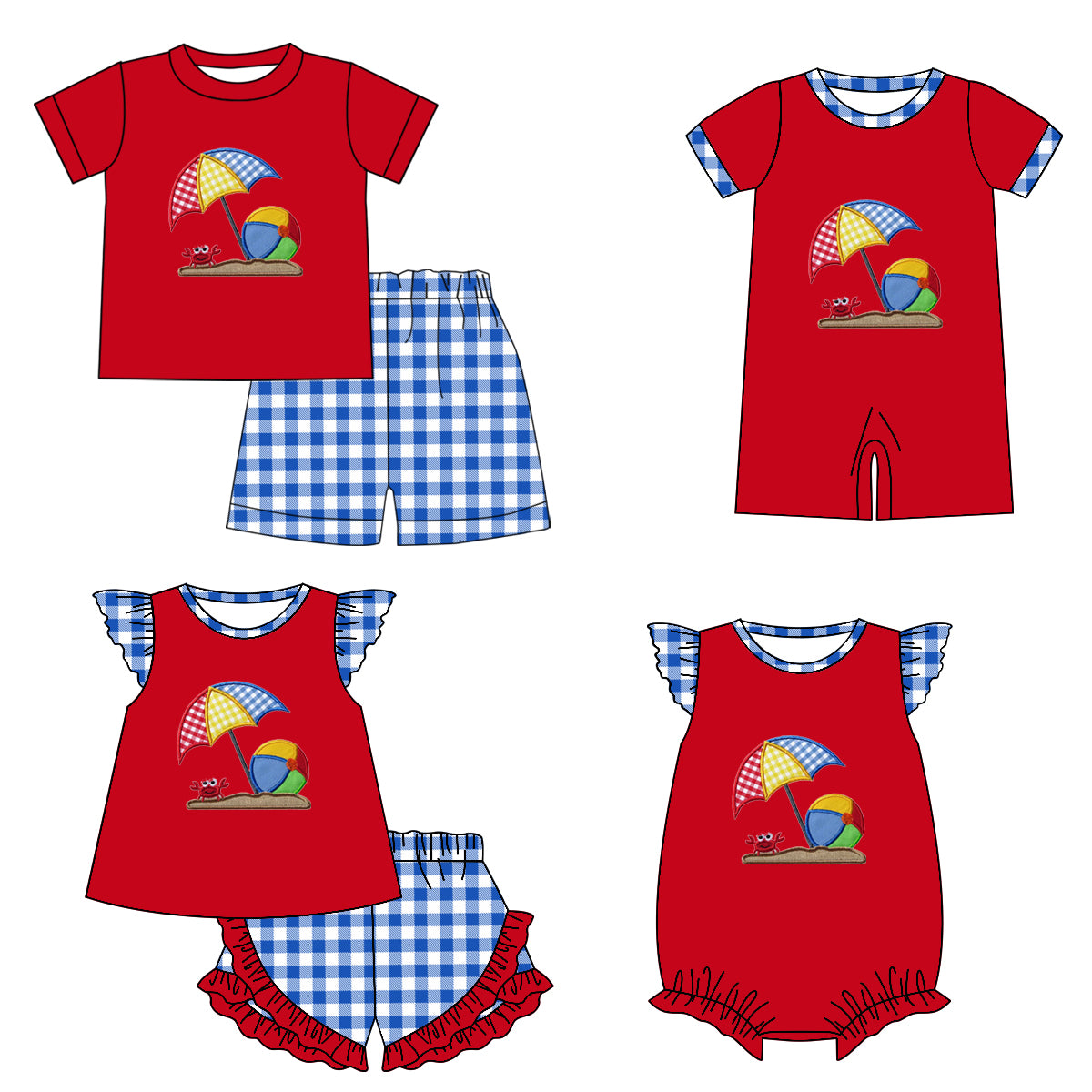 12.4 (Custom Design Preorder MOQ 5 Each Design) Crab Beach Red Print Kids Summer Matching Clothes Sibling Wear