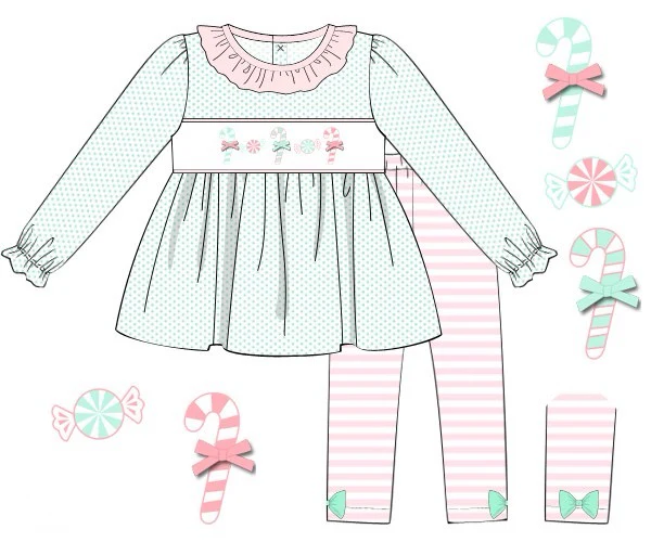 (Custom Design Preorder MOQ 5)  Candy Cane Tunic Top Stripes Pants Girls Christmas Clothes Set