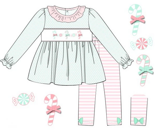 (Custom Design Preorder MOQ 5)  Candy Cane Tunic Top Stripes Pants Girls Christmas Clothes Set