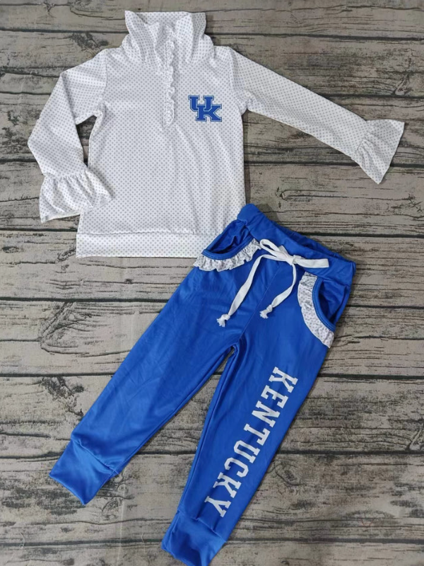 (Custom Design Preorder MOQ 5) Team's UK White Pullover Top Blue Pockets Pants Girls Fall Clothes Set