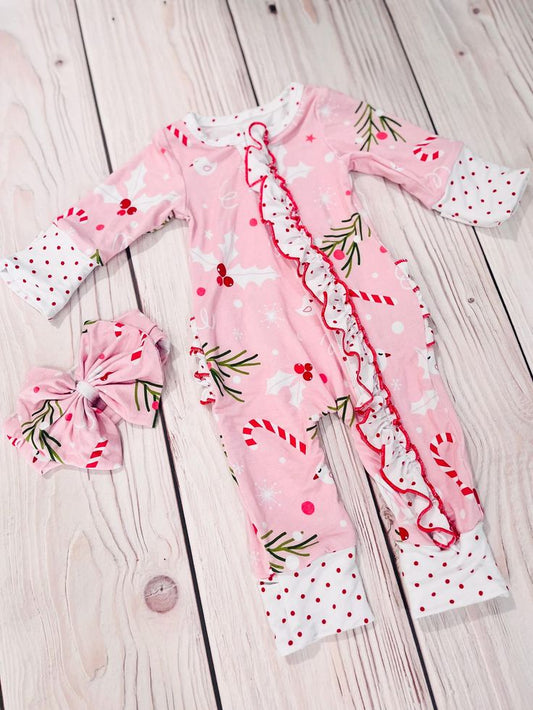 (Custom Design Preorder MOQ 5)  Holly Print Baby Girls Christmas Sleeper Zipper Romper