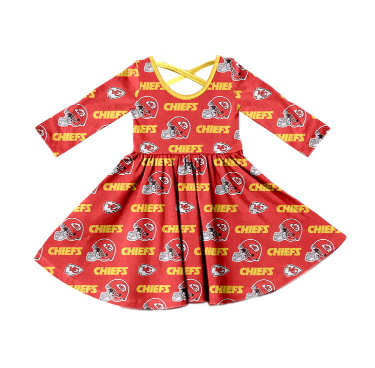 (Custom Design Preorder MOQ 5)  Team's KC Red Yellow Print Girls Fall Knee Length Dress