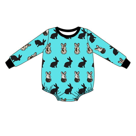 (Custom Design Preorder MOQ 5) Blue Bunny Print Baby Boys Easter Romper