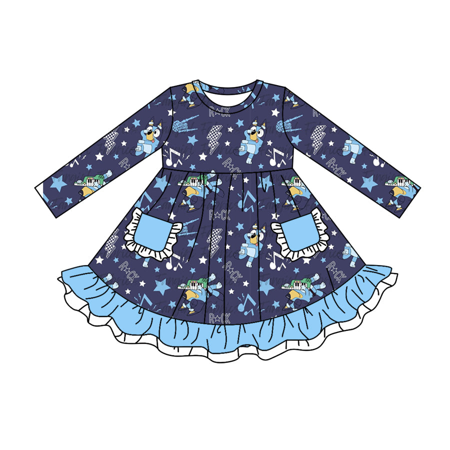 (Custom Design Preorder MOQ 5) Cartoon Dog Blue Rock Print Pockets Girls Knee Length Fall Dress