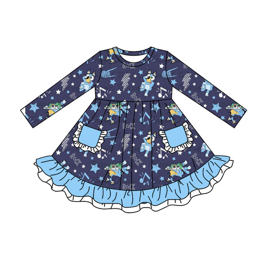 (Custom Design Preorder MOQ 5) Cartoon Dog Blue Rock Print Pockets Girls Knee Length Fall Dress