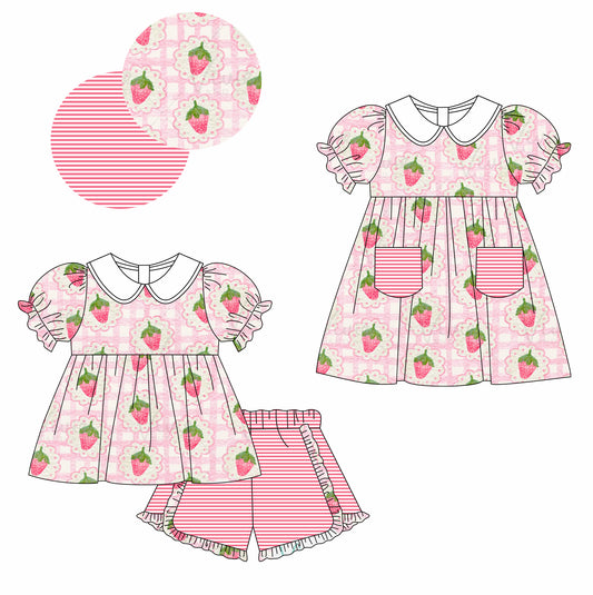 11.7(Custom Design Preorder MOQ 5 Each Design) Strawberry Flowers Print Girls Summer Matching Clothes Set Sisters Wear