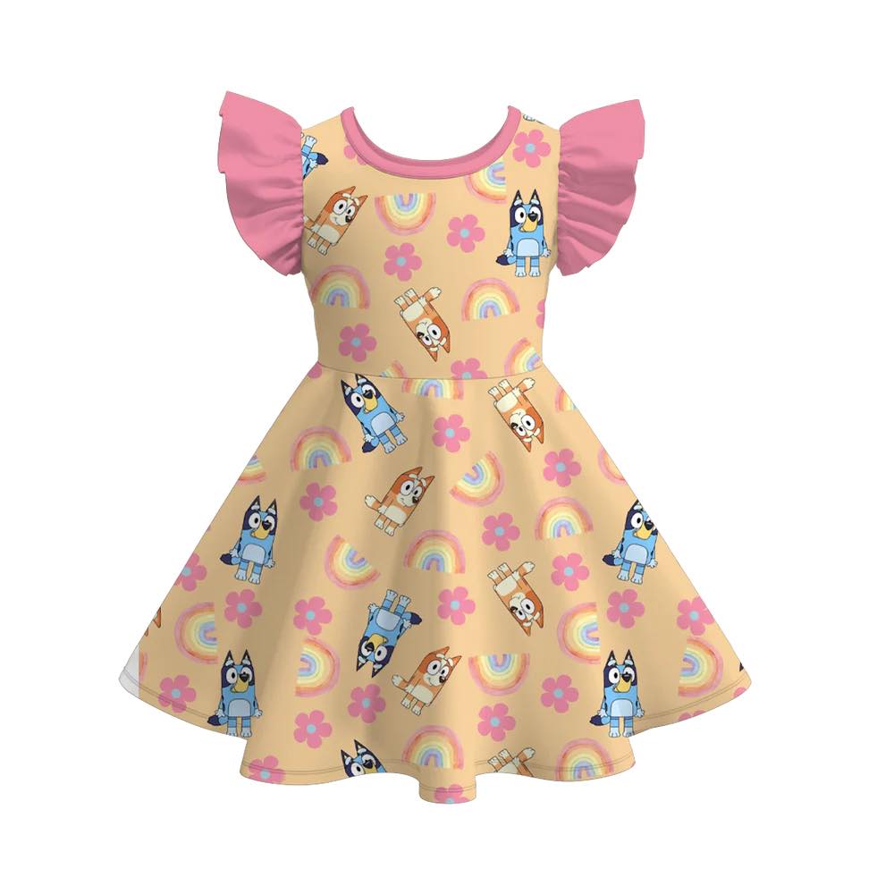 (Custom Design Preorder MOQ 5) Cartoon Dog Flowers Rainbow Print Girls Summer Knee Length Dress