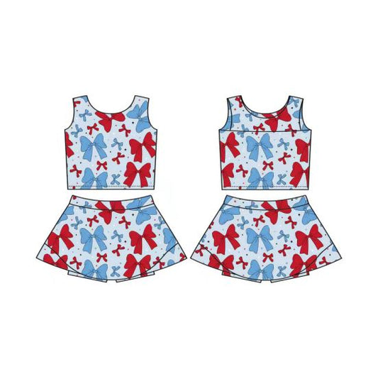 (Custom Design Preorder MOQ 5) Red Blue Bows Print Shorts Skirts Girls Summer Yoga Clothes Set