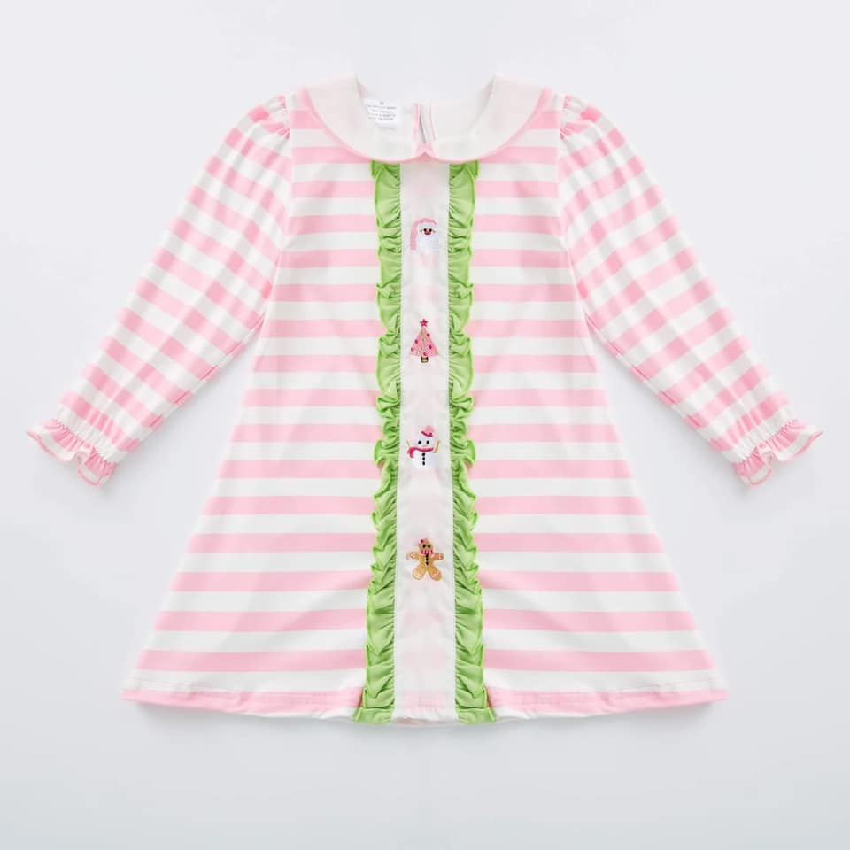 (Custom Design Preorder MOQ 5)  Santa Gingerbread Pink Stripes Print Girls Christmas Knee Length Dress