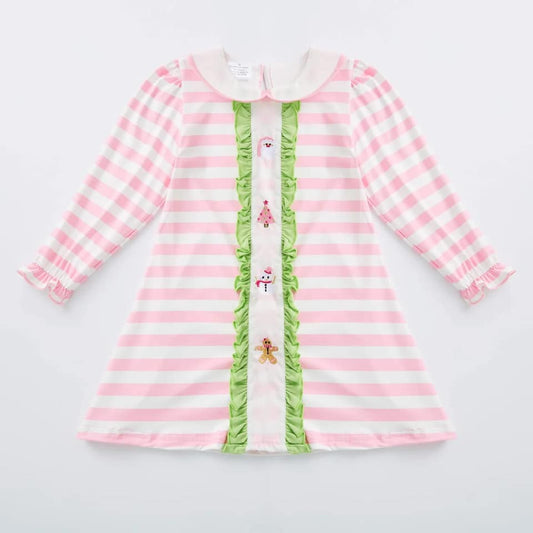 (Custom Design Preorder MOQ 5)  Santa Gingerbread Pink Stripes Print Girls Christmas Knee Length Dress