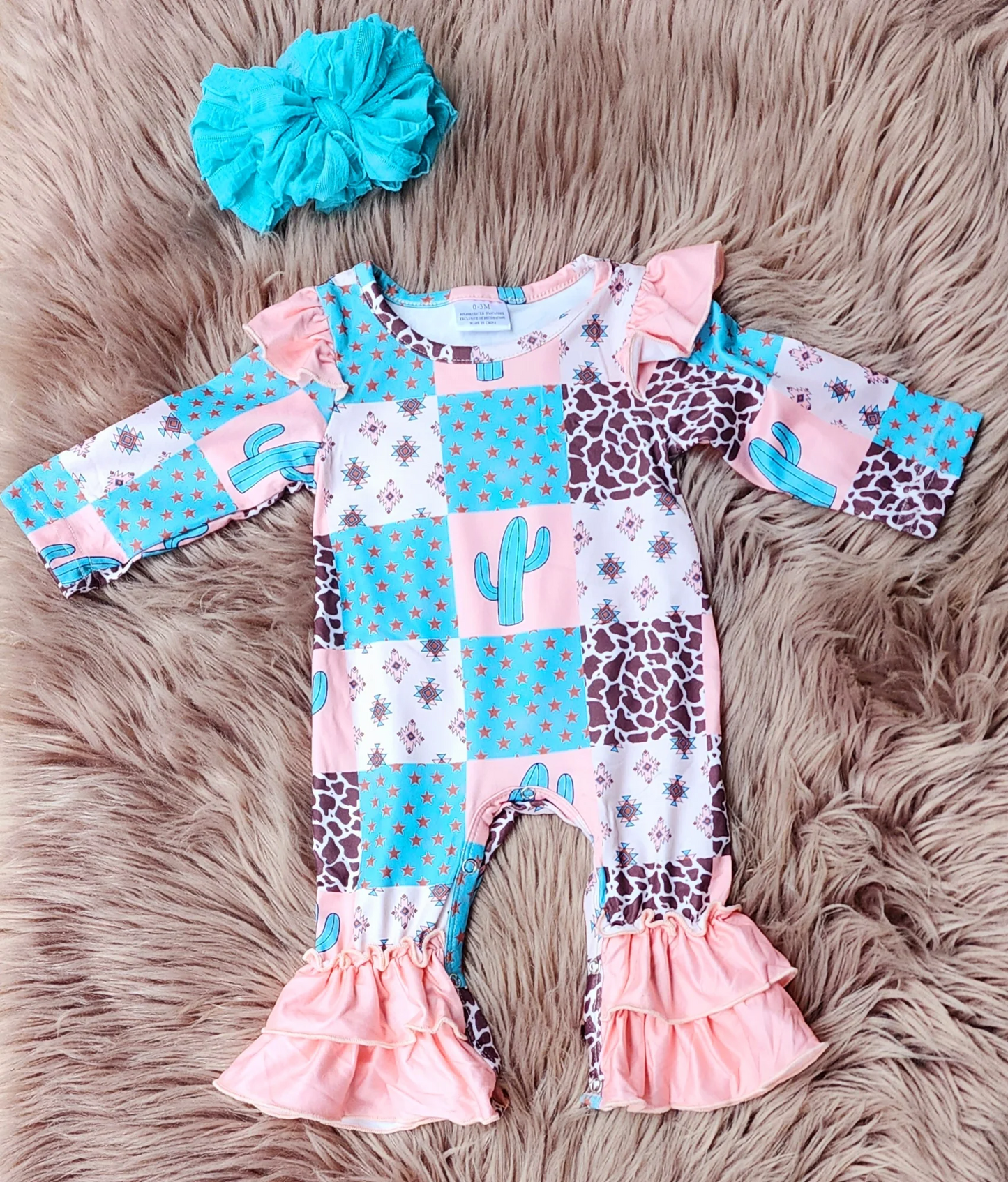 (Custom Design Preorder MOQ 5) Cactus Aztec Stars Pink Print Baby Girls Fall Romper