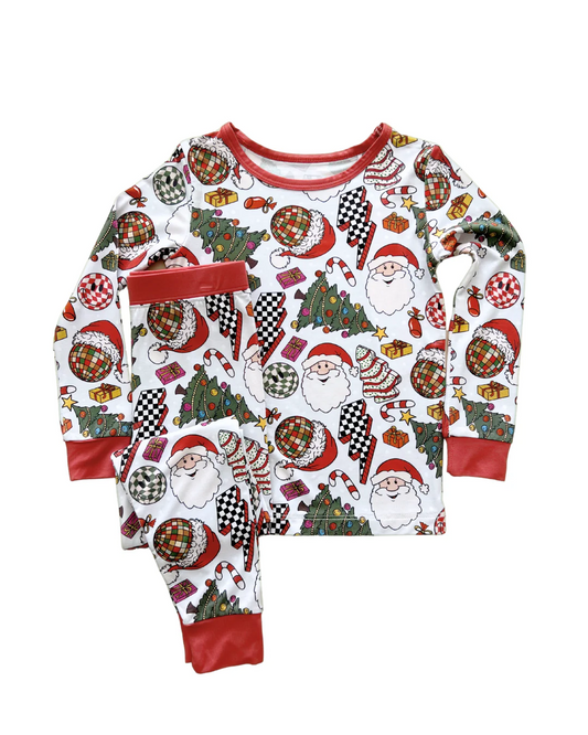 (Custom Design Preorder MOQ 5) Santa Lights Trees Candy Print Kids Christmas Pajamas Clothes Set