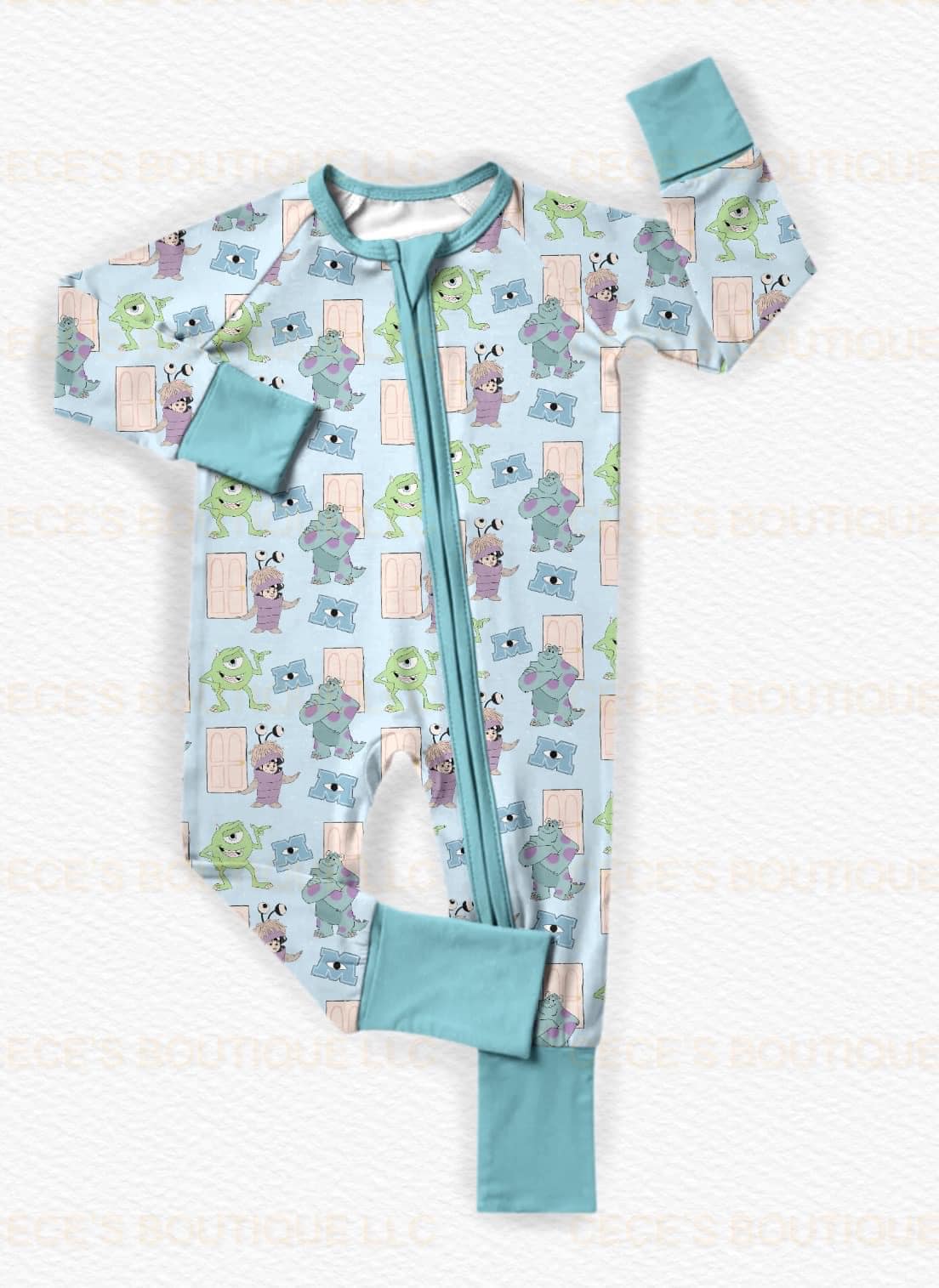 (Custom Design Preorder MOQ 5)  Cartoon Monster Blue Print Baby Fall Bamboo Sleeper Zipper Romper