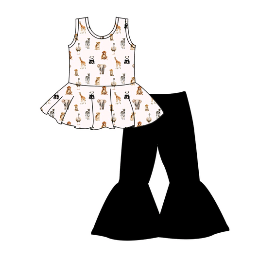 (Custom Design Preorder MOQ 5) Animals Top Black Bell Pants Girls Clothes Set