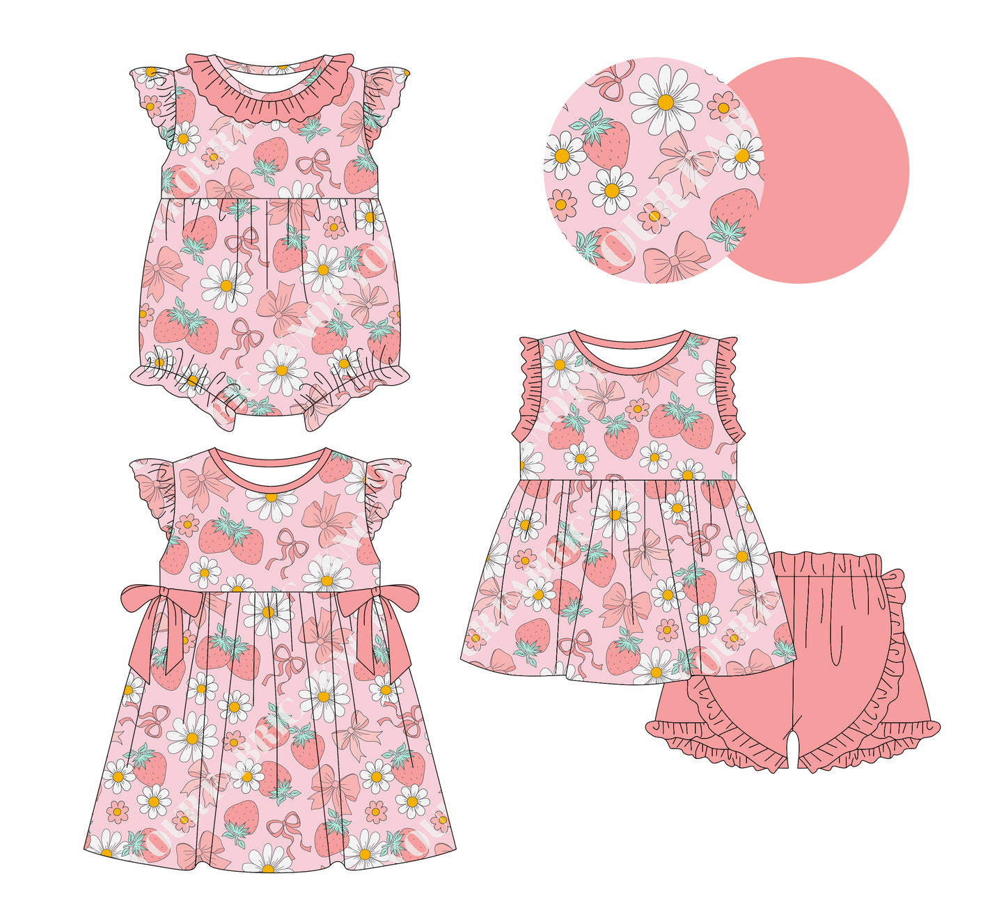 1.4(Custom Design Preorder MOQ 5 Each Design) Strawberry Flowers Bows Print Girls Summer Matching Clothes Sisters Wear