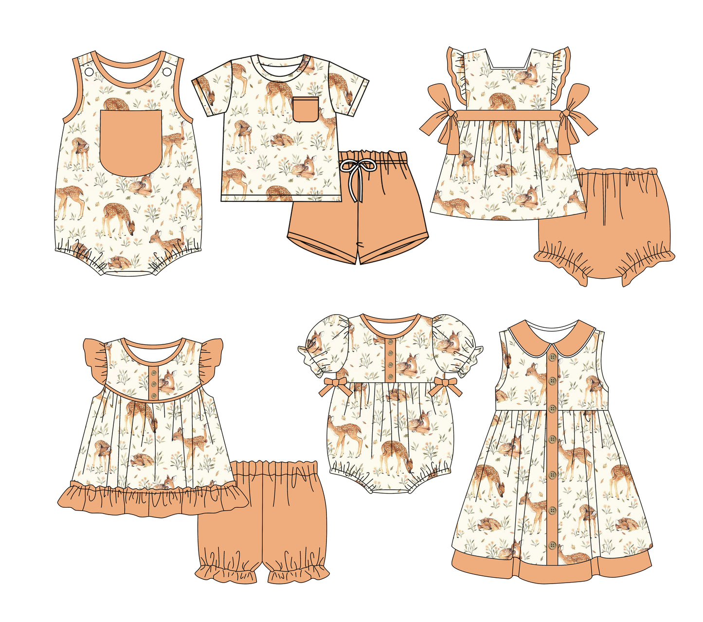 3.3(Custom Design Preorder MOQ 5 Each Design) Deer Flowers Orange Print Kids Summer Matching Clothes Sibling Wear
