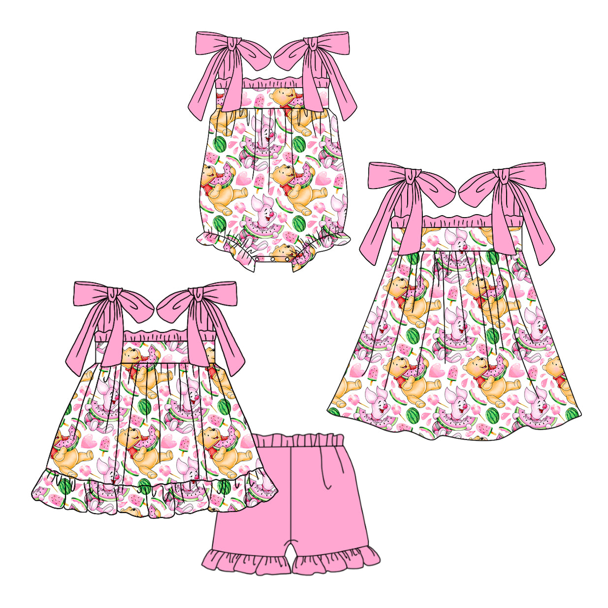 12.9(Custom Design Preorder MOQ 5 Each Design) Cartoon Bear Watermelon Print Girls Summer Matching Clothes Sisters Wear