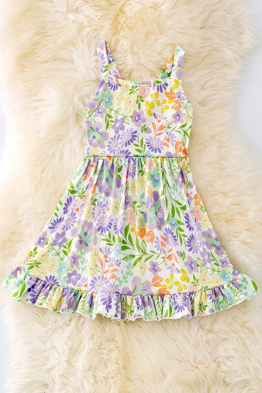 (Custom Design Preorder MOQ 5)  Purple Flowers Print Girls Knee Length Summer Dress