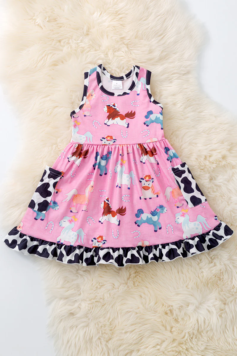(Custom Design Preorder MOQ 5) Horse Pink Print Girls Summer Knee Length Dress