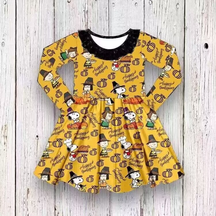 (Custom Design Preorder MOQ 5) Cartoon Dog Pumpkin Print Girls Knee Length Fall Dress