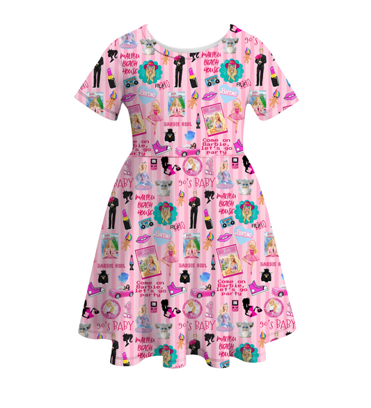 (Custom Design Preorder MOQ 5) Pink BA 90'S Print Girls Knee Length Summer Dress