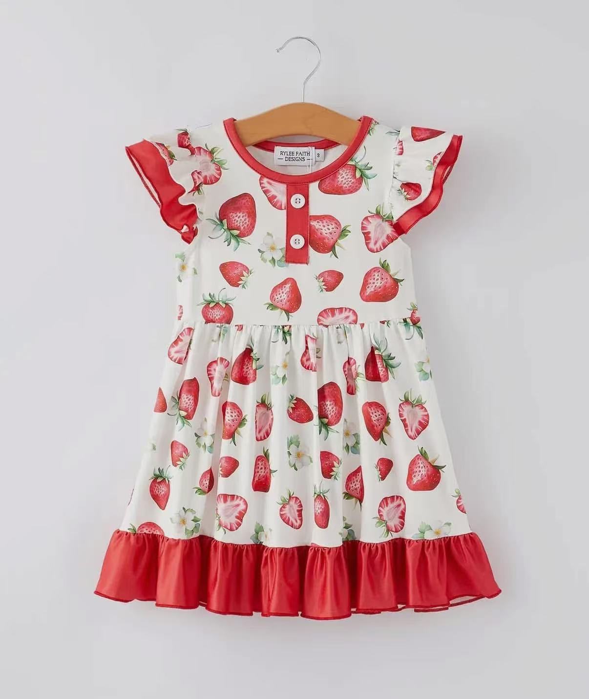 (Custom Design Preorder MOQ 5) Strawberry Flowers Print Girls Knee Length Summer Dress