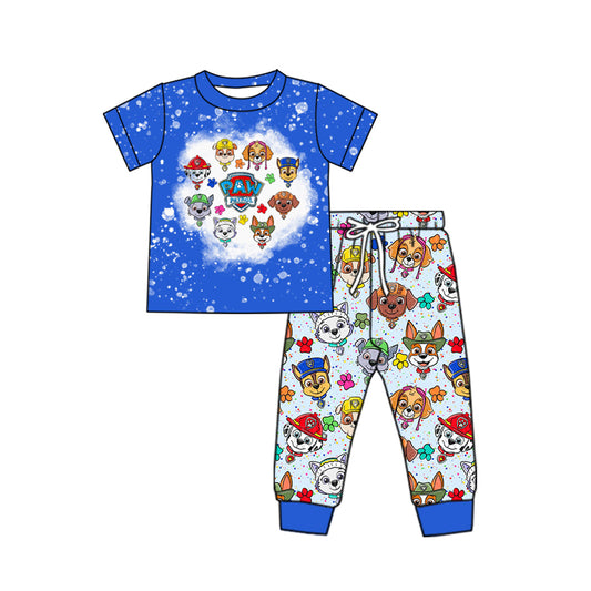 (Custom Design Preorder MOQ 5) Cartoon Dog Blue Top Pants Boys Clothes Set