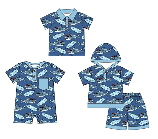 11.28(Custom Design Preorder MOQ 5 Each Design) Shark Print Boys Summer Matching Clothes Brothers Wear