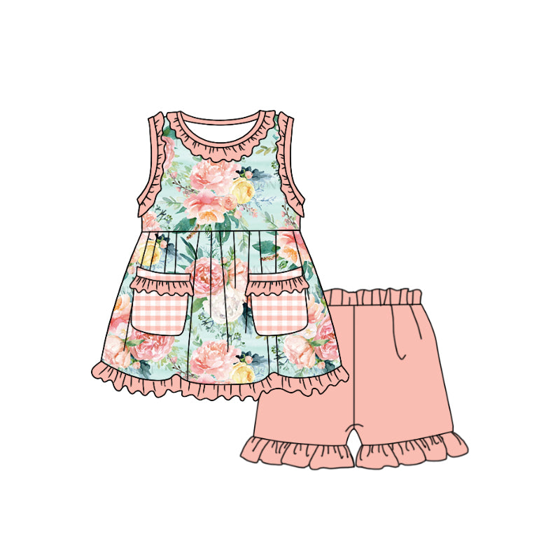 (Custom Design Preorder MOQ 5) Flowers Print Pockets Top Ruffle Shorts Girls Summer Clothes Set