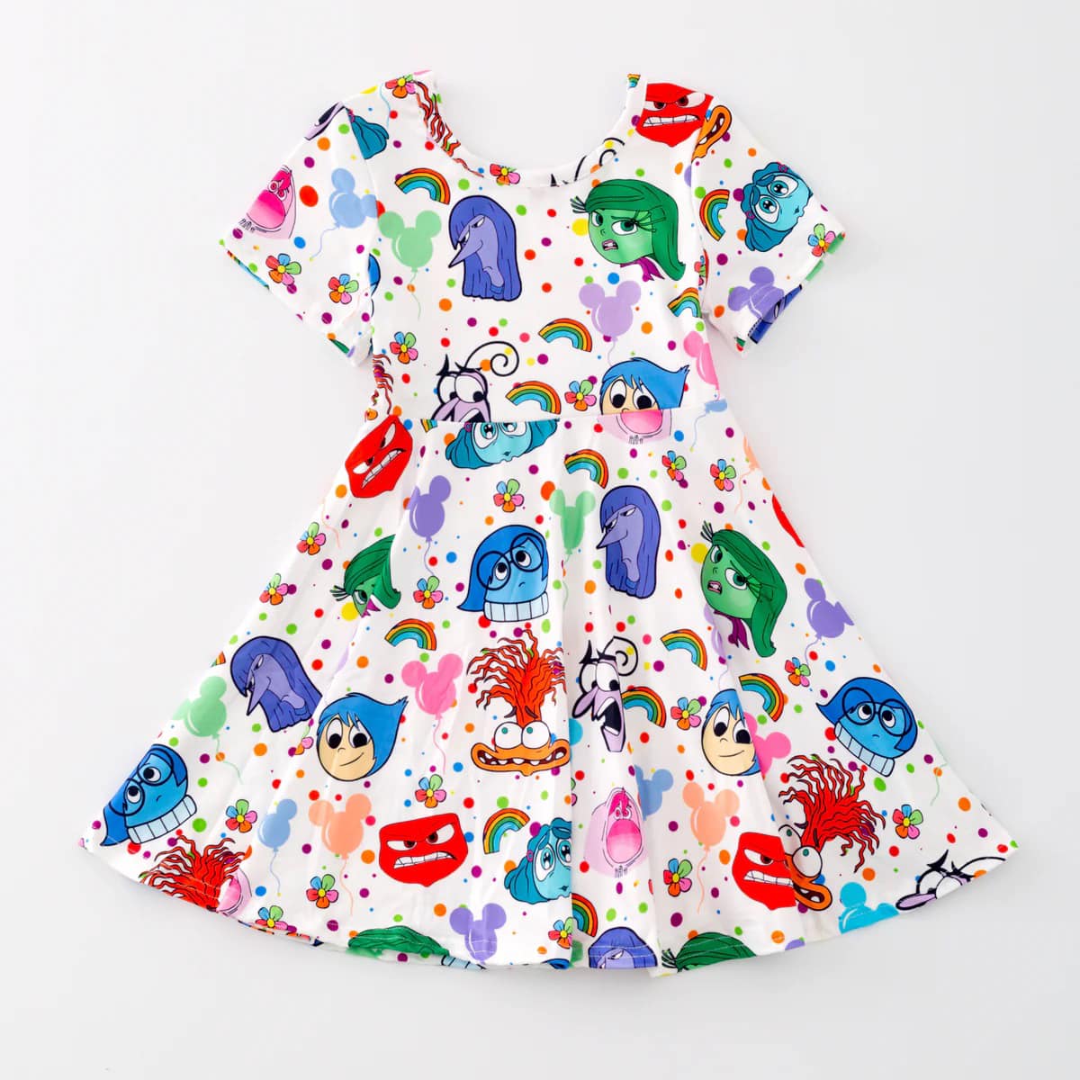 (Custom Design Preorder MOQ 5) Cartoon Figure Inside Out Rainbow Print Girls Knee Length Summer Dress