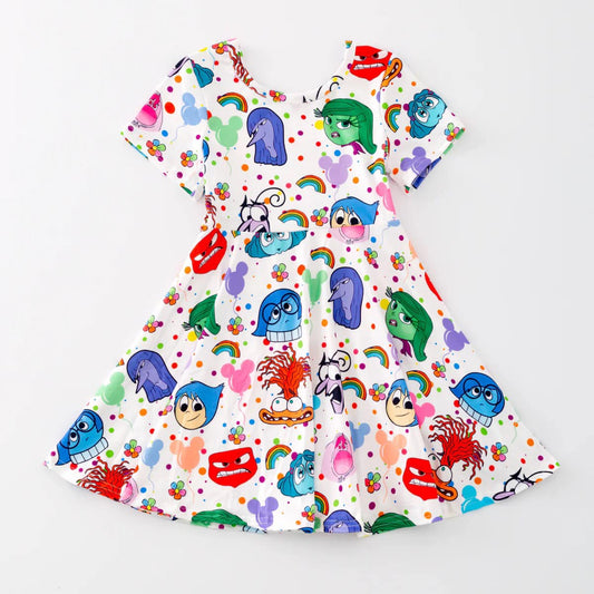 (Custom Design Preorder MOQ 5) Cartoon Figure Inside Out Rainbow Print Girls Knee Length Summer Dress