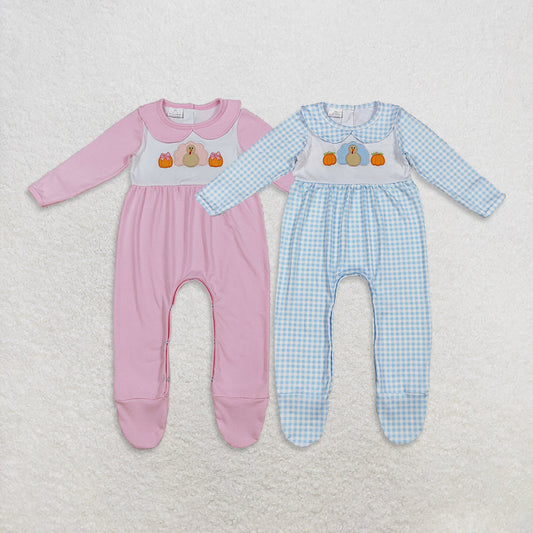 Turkey Pumpkin Embroidery Baby Thanksgiving Footed Romper Sibling Wear