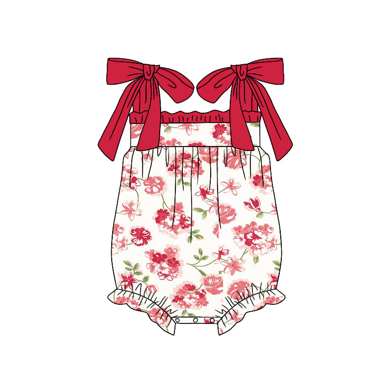 (Custom Design Preorder MOQ 5) Red Flowers Print Baby Girls Summer Romper