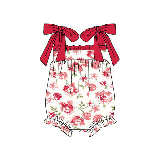 (Custom Design Preorder MOQ 5) Red Flowers Print Baby Girls Summer Romper