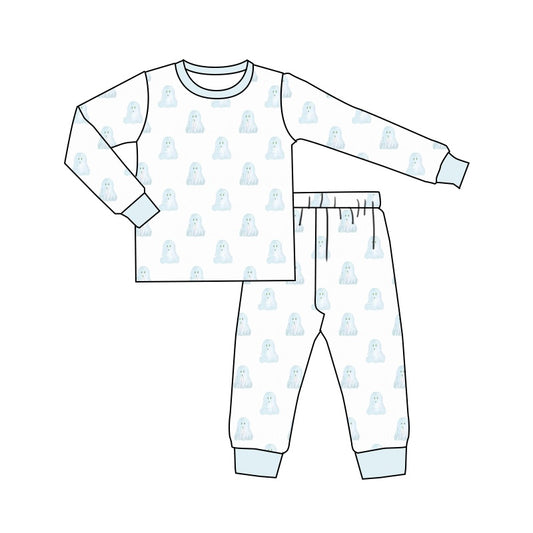 (Custom Design Preorder MOQ 5)  Ghost Print Boys Halloween Pajamas Clothes Set