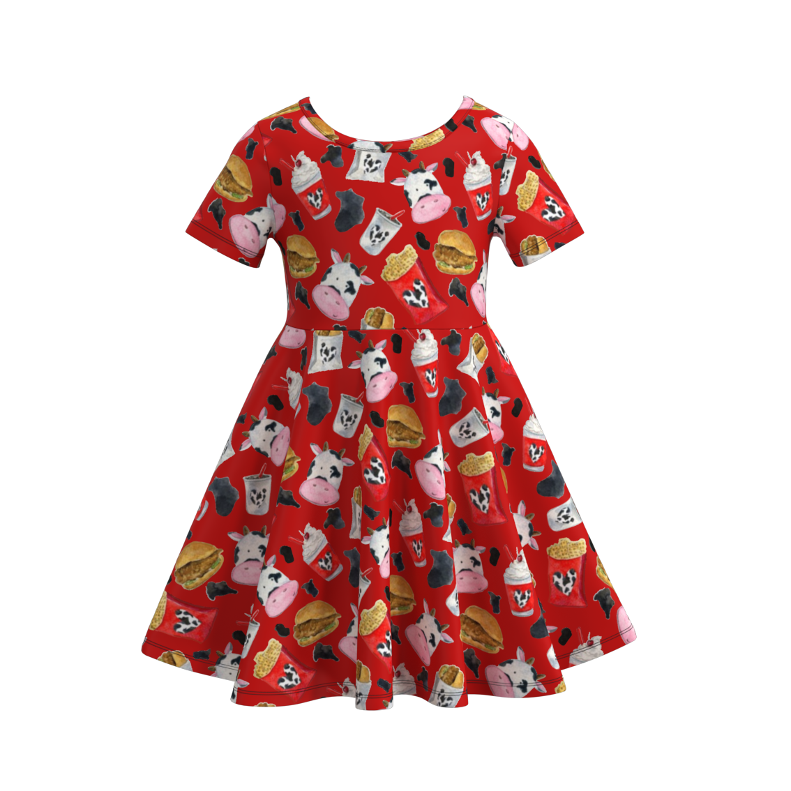 (Custom Design Preorder MOQ 5) Hamburger Cow Red Print Girls Knee Length Summer Dress