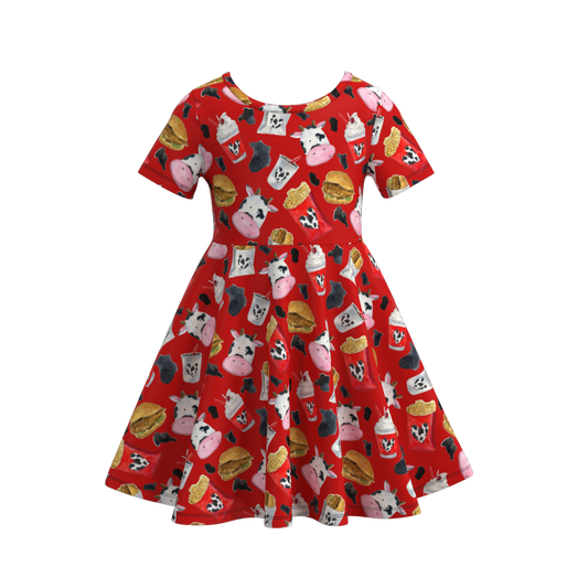 (Custom Design Preorder MOQ 5) Hamburger Cow Red Print Girls Knee Length Summer Dress