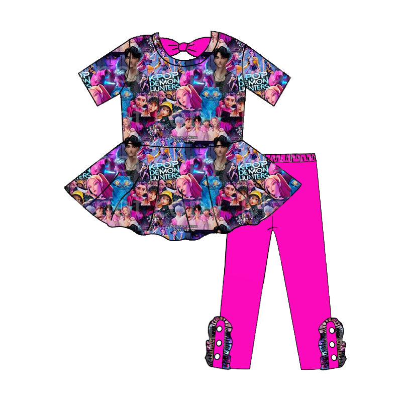 (Custom Design Preorder MOQ 5 Each Item) Cartoon KPOP Character Hot Pink Print Girls Matching Clothes