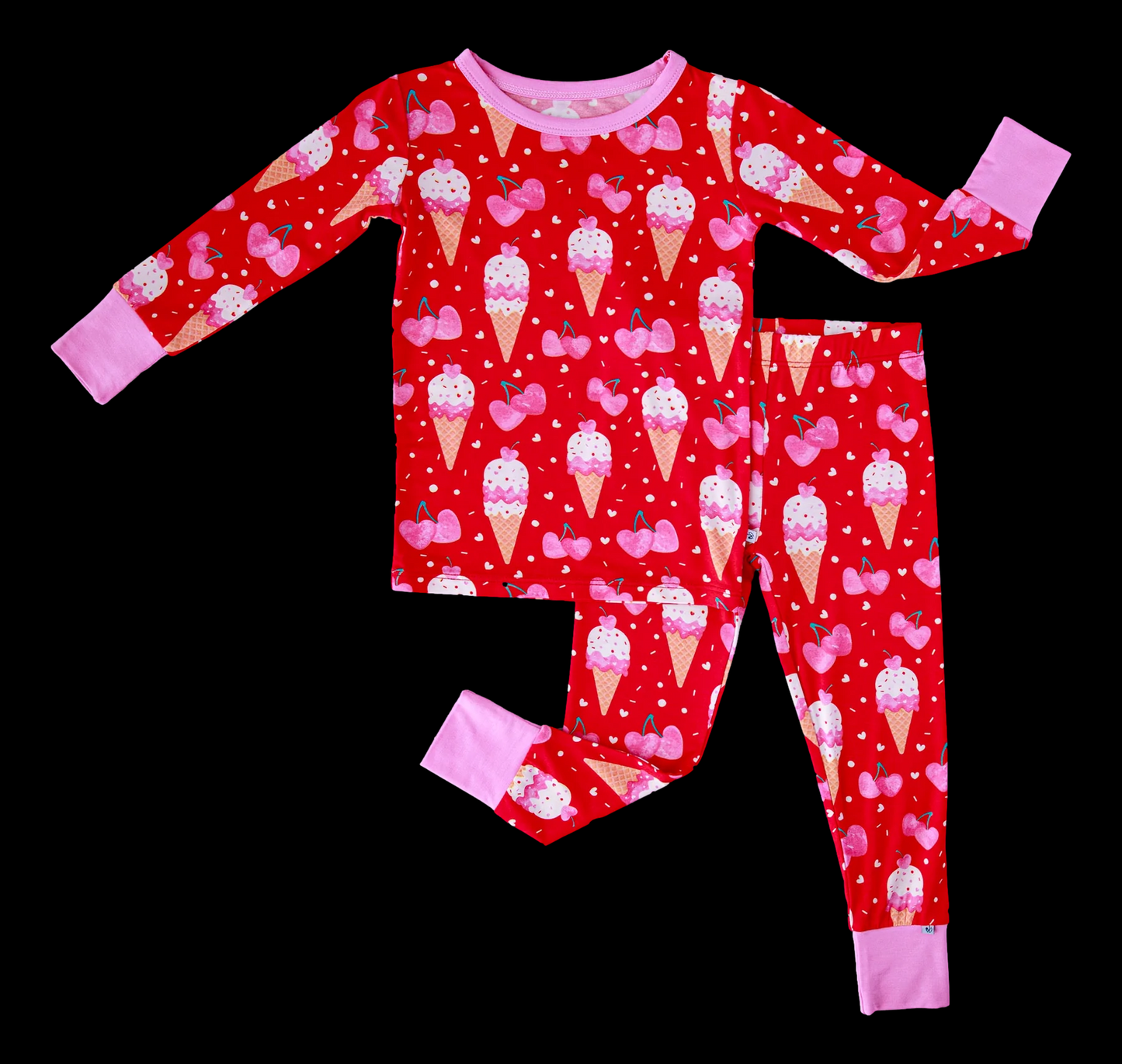 (Custom Design Preorder MOQ 5) Cherry Cone Heart Print Girls Valentine's Day Bamboo Pajamas Clothes Set