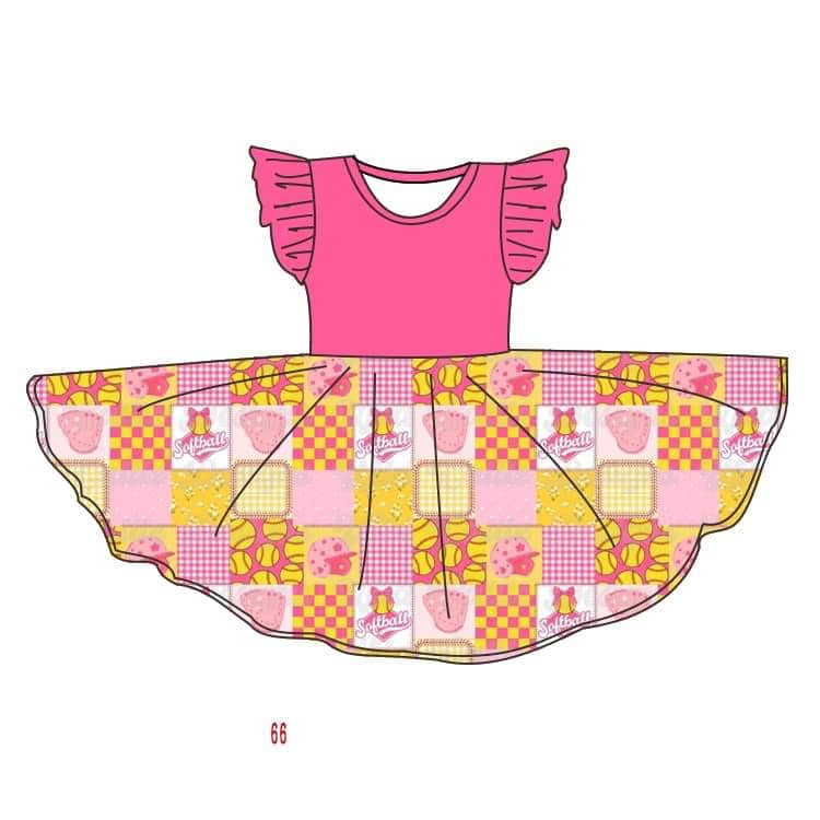 (Custom Design Preorder MOQ 5) Softball Print Girls Knee Length Summer Dress