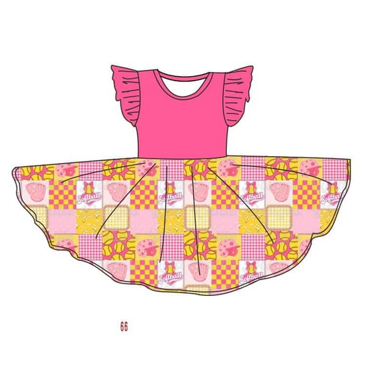 (Custom Design Preorder MOQ 5) Softball Print Girls Knee Length Summer Dress