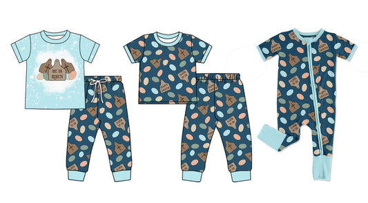 11.22(Custom Design Preorder MOQ 5 Each Design) HE IS RISEN Tags Eggs Print Boys Easter Matching Clothes Brothers Wear
