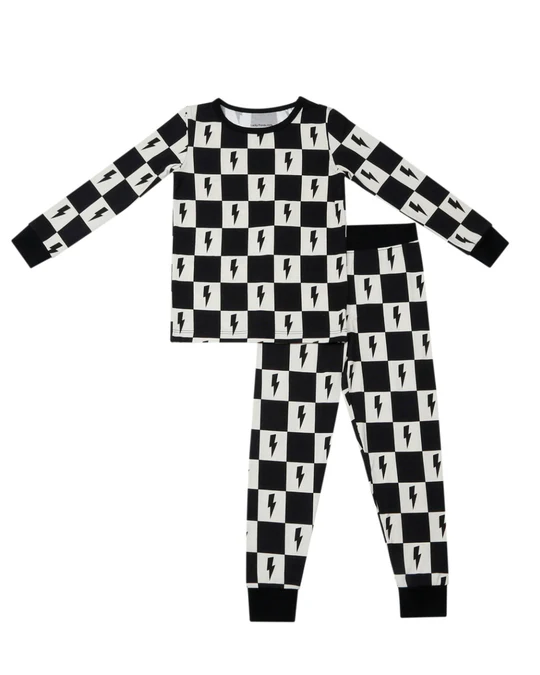 (Custom Design Preorder MOQ 5) Flash Black Plaid Print Boys Fall Pajamas Clothes Set