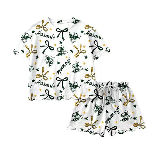 (Custom Design Preorder MOQ 5) Teams Hornets Bows Print Girls Summer Clothes Set