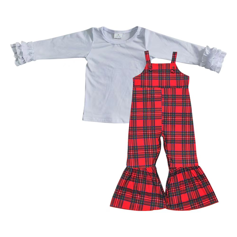 6 A8-1+SR0479 White Long Sleeve Top Red Plaid Jumpsuits Girls Christmas 2 Pcs Clothes Sets