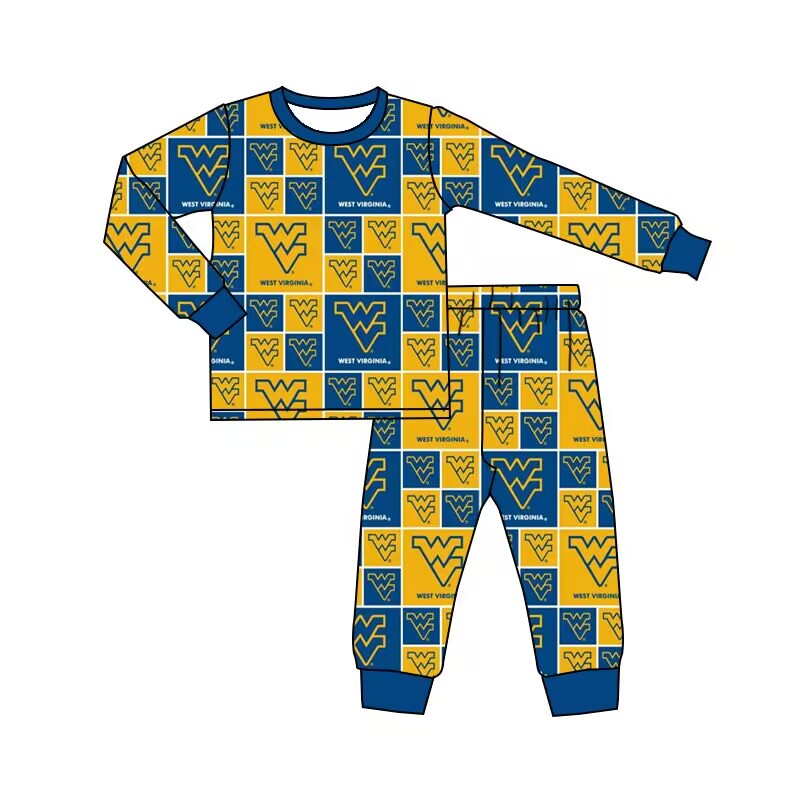 (Custom Design Preorder MOQ 5) Team's WV Blue Yellow Plaid Print Kids Pajamas Clothes Set