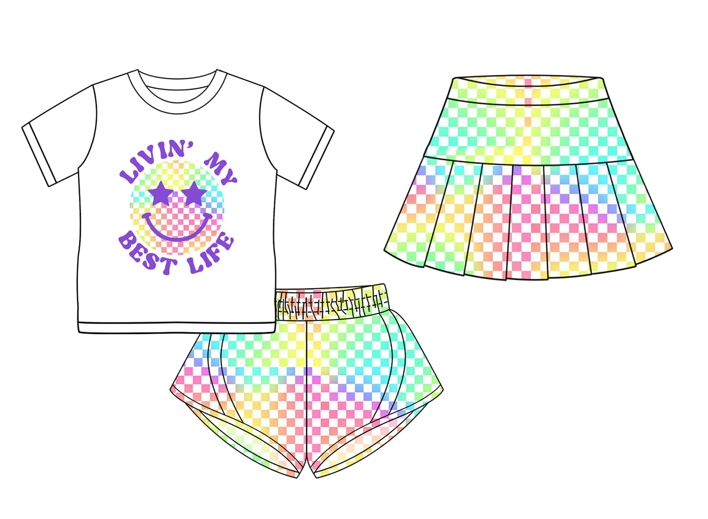 3.7(Custom Design Preorder MOQ 5 Each Design) Smiling Face Top Colorful Plaid Shorts Skirts Girls Summer Matching Clothes Sisters Wear