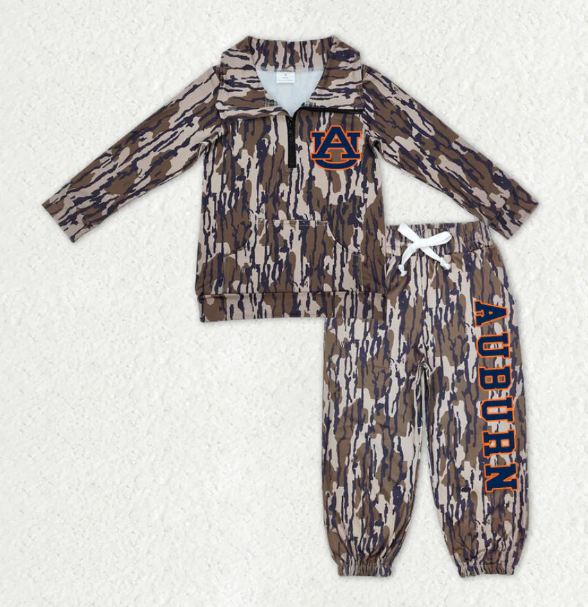 (Custom Design Preorder MOQ 5) Team's Auburn Camo Print Zipper Pullover Top Pockets Pants Kids Fall Clothes Set