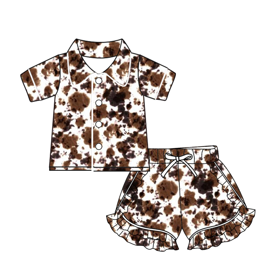 (Custom Design Preorder MOQ 5) Cowhide Brown Print Girls Summer Western Pajamas Clothes Set