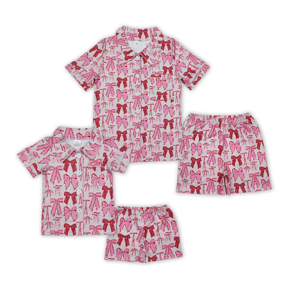 Pink Bows Print Mom and Me Summer Buttons Pajamas Matching Clothes Set